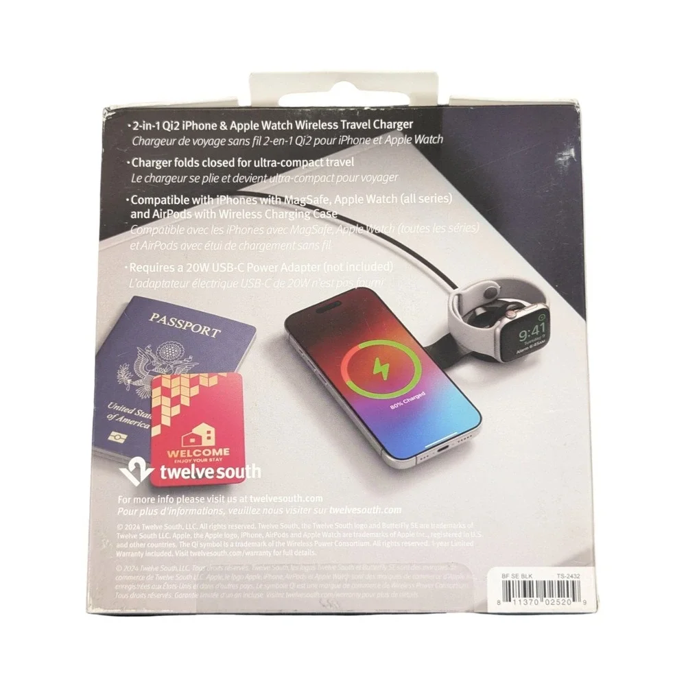 BbN Twelve South ButterFly SE Qi2 2-in-1 Travel Charger iPhone Apple Watch Black